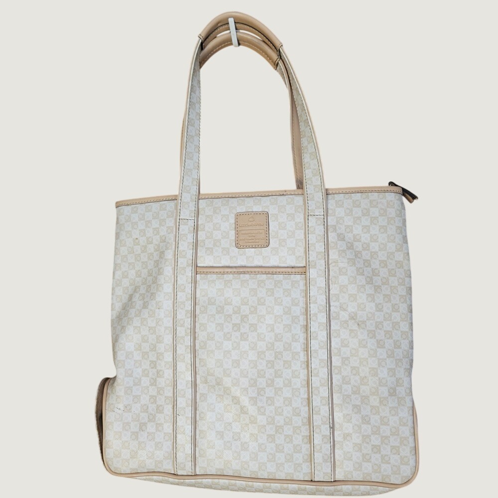 Liz Claiborne Monogram Tote Bag Cream Tan Geometric Logo Shoulder Bag Work Purse